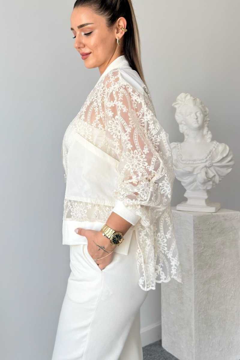 Romantic Sheer Lace Bomber Jacket with Balloon Sleeves
