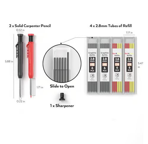 Carpenter Pencil with Sharpener, Mechanical Pencils Set with 24 Refills, Deep Hole Marker for Construction, Heavy Duty Woodworking Pencils for Architect