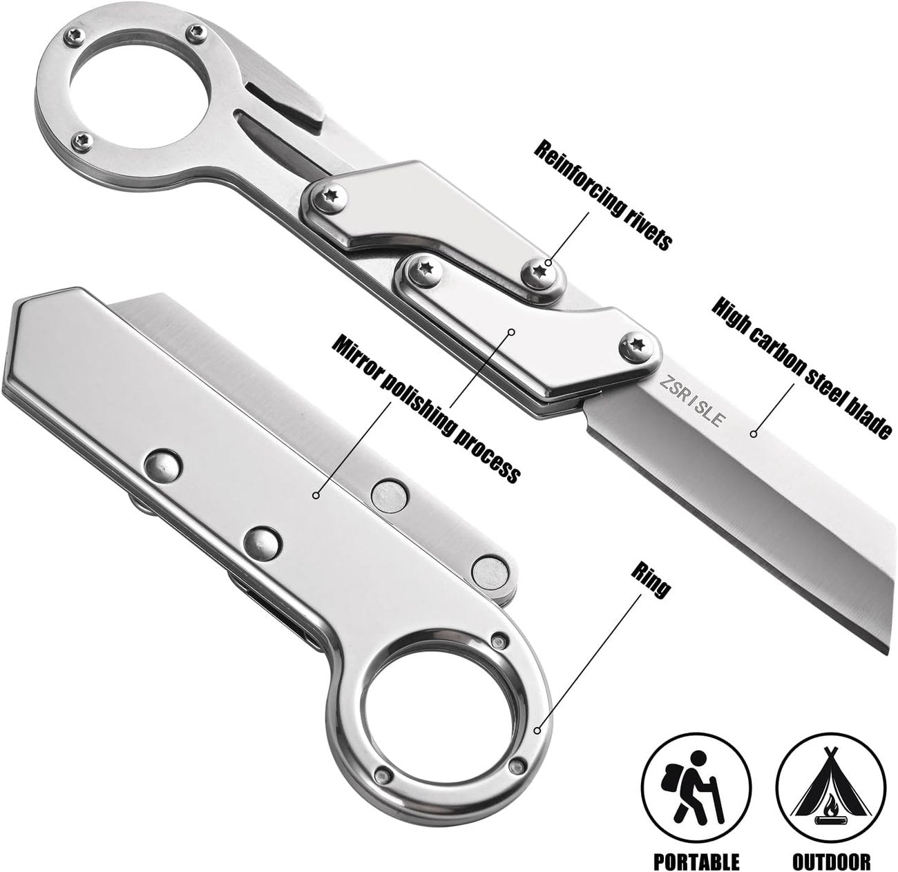 Zsrisle 7 Inch All Steel Folding Knife, Outdoor Hunting Tactical Knife