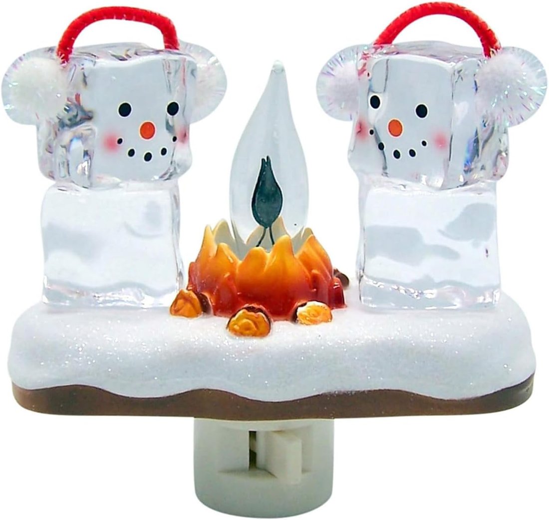 ๐Two Snowmen Campfire Flickering Nightlight.