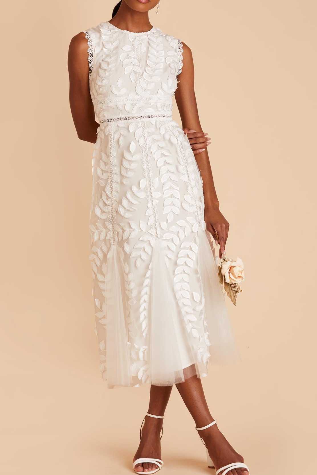 Tulle Midi Dress with High Neck and 3D Lace Leaf Detail