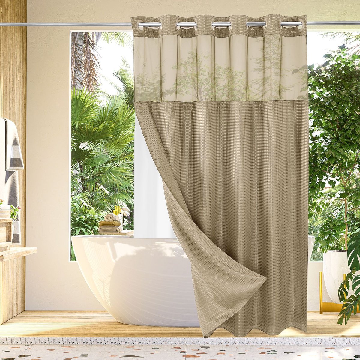 🔥🔥No Hook Shower Curtain with Snap in Liner