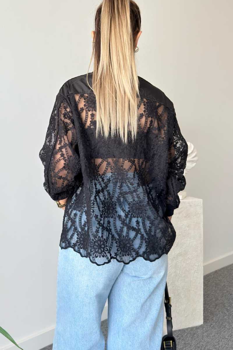 Romantic Sheer Lace Bomber Jacket with Balloon Sleeves