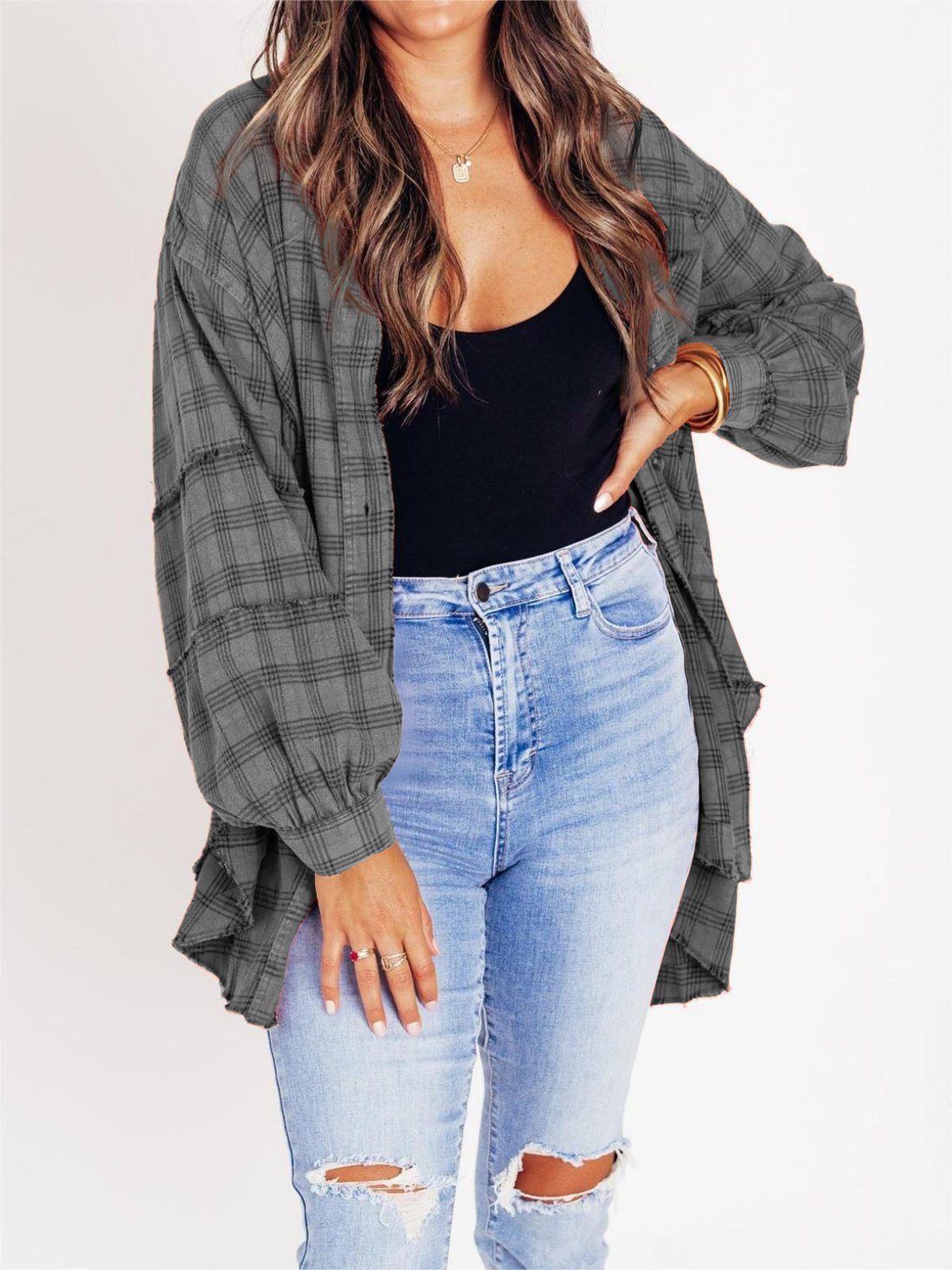 🔥Last 24 hours - 49% OFF👚Women's Seams Raw Edge Washed Over sized Shirt Jacket with Pockets