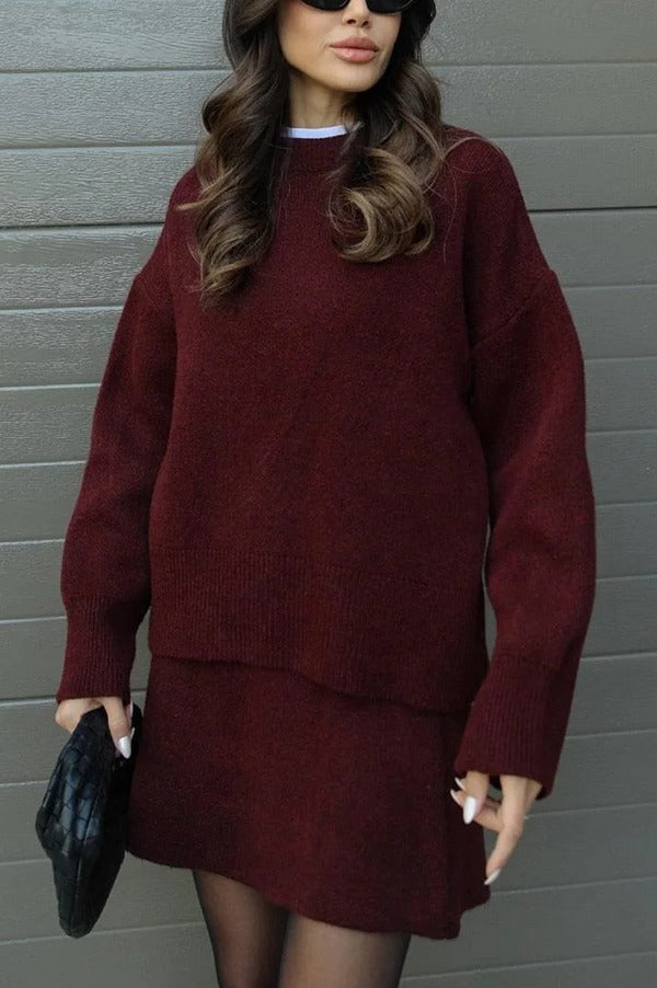 Solid Color Casual Knit Top and Knit Stretch Mini Skirt Set