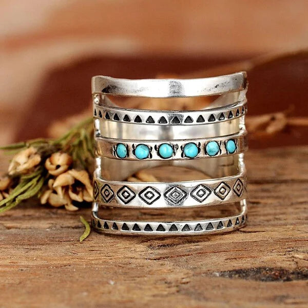 Sterling Silver Bohemian Openwork Carved Turquoise Ring