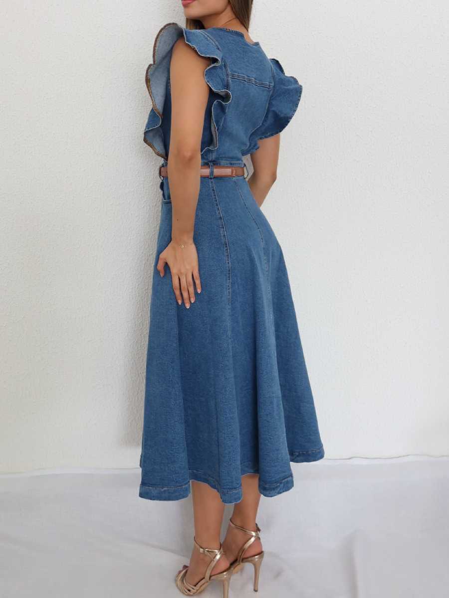 Women's Ruffle Trim Denim Midi Dress