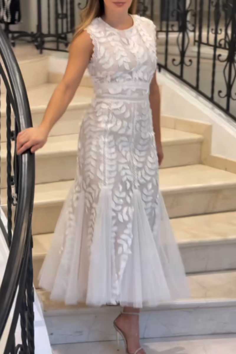 Tulle Midi Dress with High Neck and 3D Lace Leaf Detail