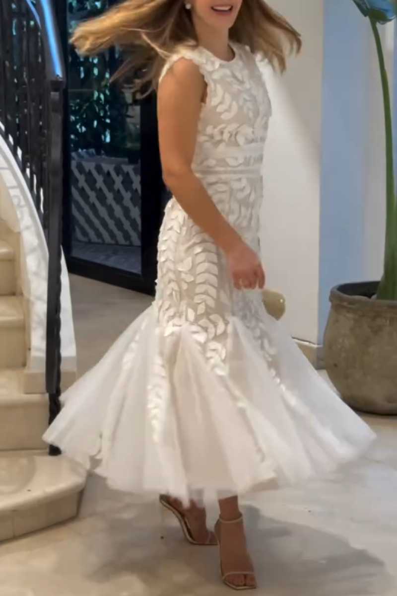 Tulle Midi Dress with High Neck and 3D Lace Leaf Detail