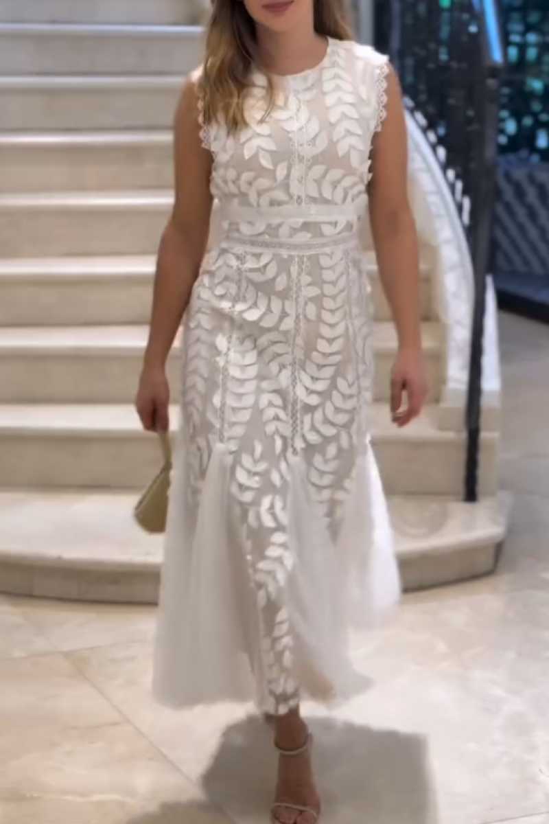 Tulle Midi Dress with High Neck and 3D Lace Leaf Detail
