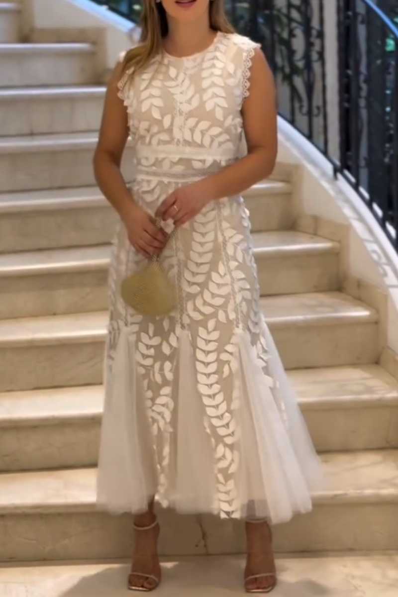 Tulle Midi Dress with High Neck and 3D Lace Leaf Detail