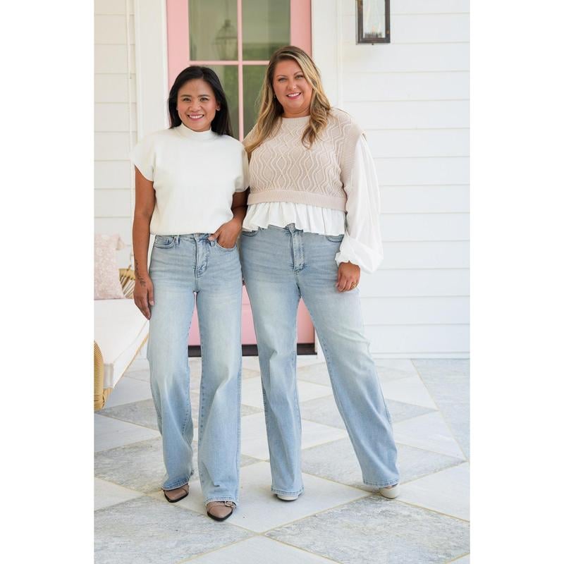 🏆LAST DAY SALE 50% OFF💥Plus Size Vintage Wash Tummy Control Stretchy Top Straight Leg Jeans