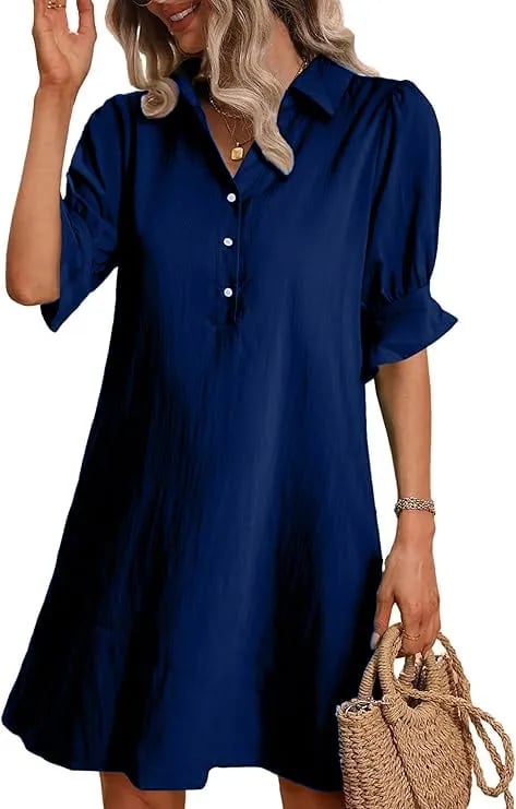 Limited time sale🔥 Womens Casual Shirt Dress Ruffle Sleeve Solid Color Button Down
