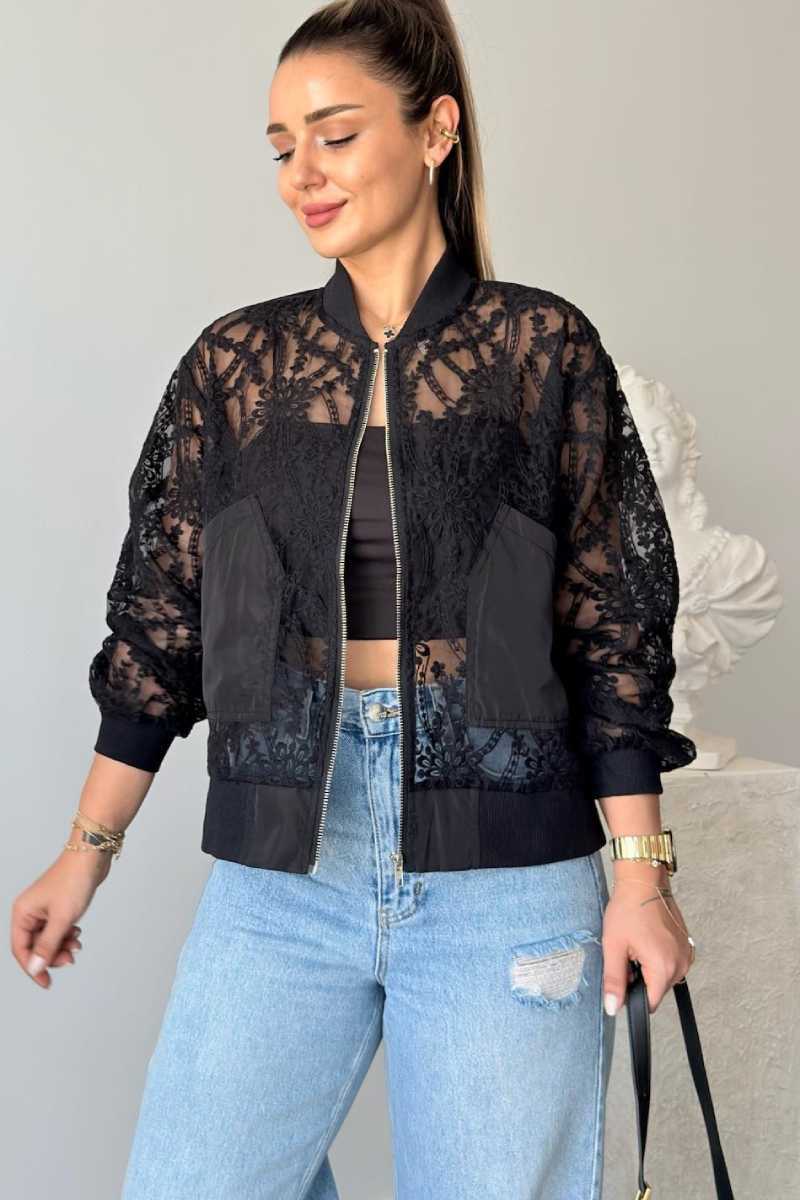 Romantic Sheer Lace Bomber Jacket with Balloon Sleeves