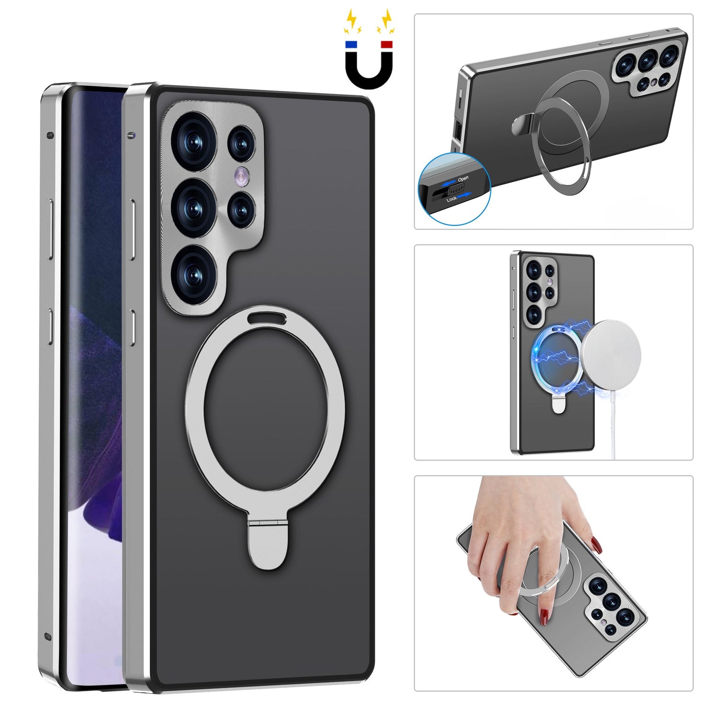 Magnetic Double-Sided Protection Metal Frame Phone Case With Invisible MagSafe Bracket For Galaxy/iPhone