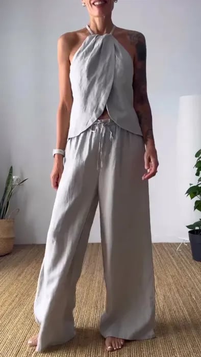 Women's Cross Halter Neck Cotton and Linen Casual Suit