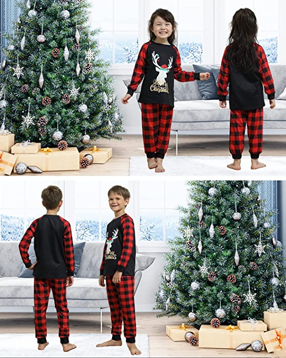 🔥Grid ELK Christmas Family Pajamas-Black&Red