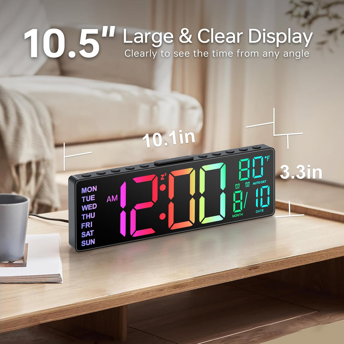 10.5'' Digital Large Alarm Clock with 8-in-1 RGB Colors