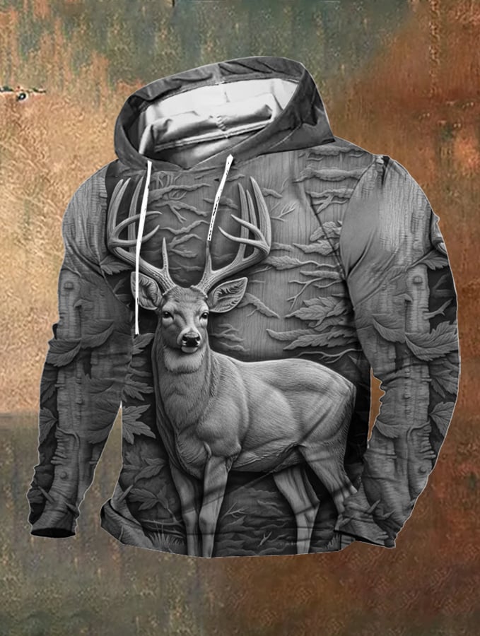 Men's Retro Outdoor 3D Engraved Deer Hunting Print Hooded Sweatshirt