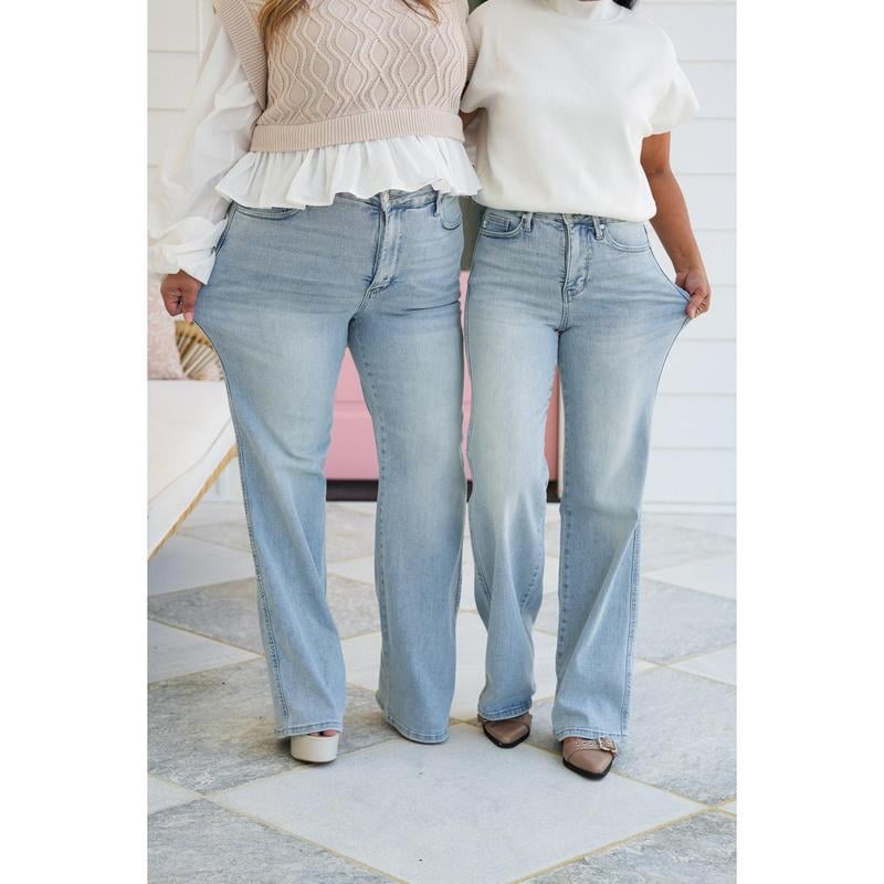🏆LAST DAY SALE 50% OFF💥Plus Size Vintage Wash Tummy Control Stretchy Top Straight Leg Jeans