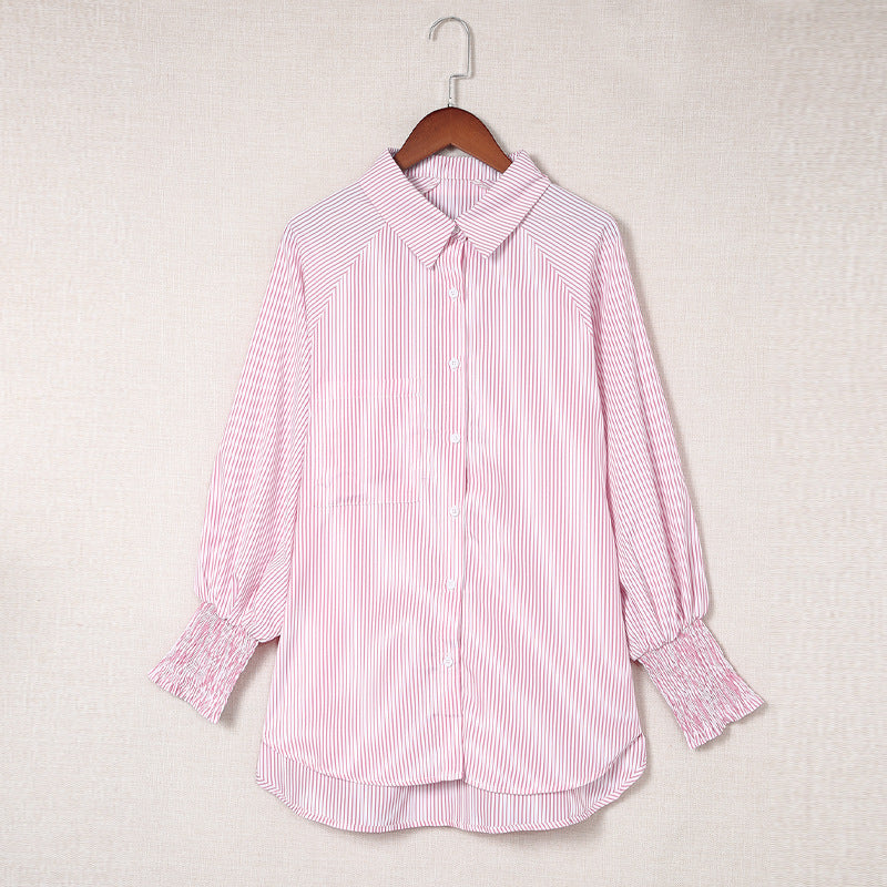 Striped Stand Collar Loose Long Sleeve Shirt