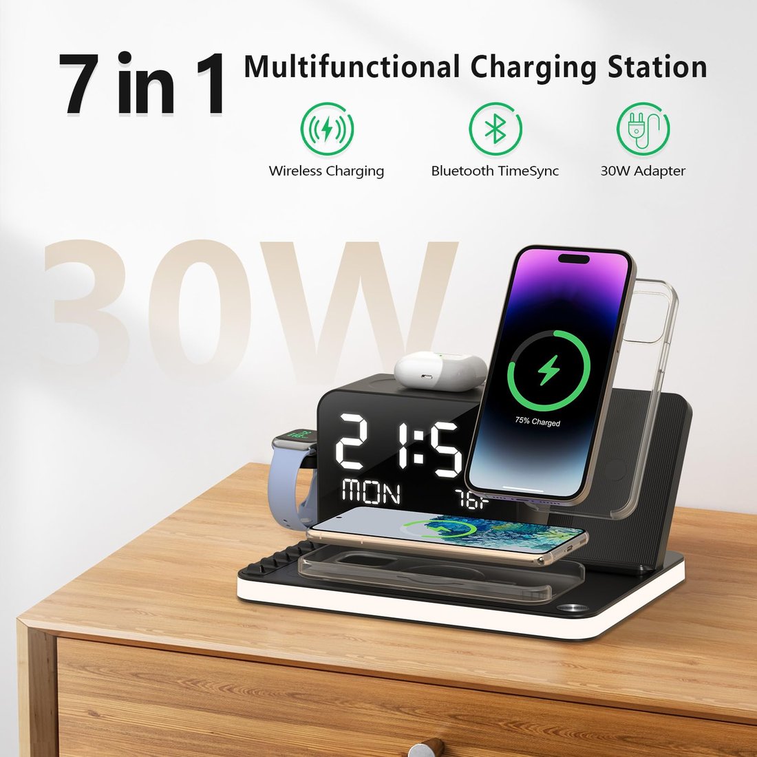 7 in 1 Charging Station with Clock, Wireless Charger with Night Light