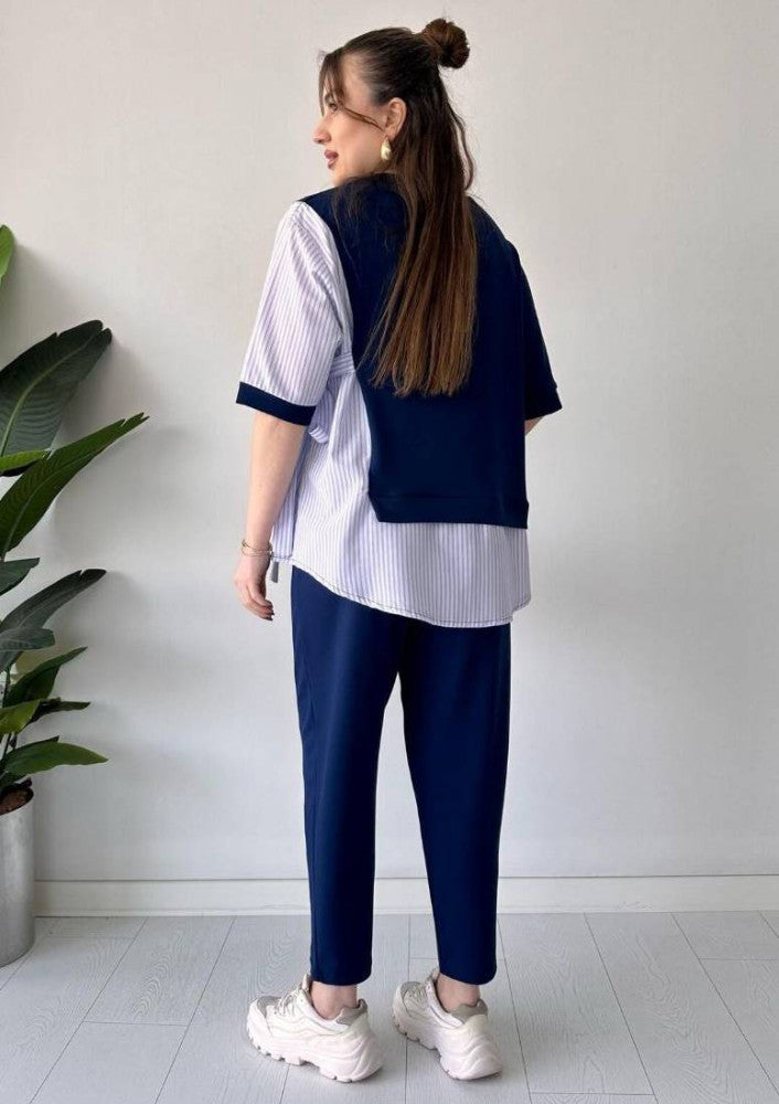 Spliced short-sleeved two-piece suit