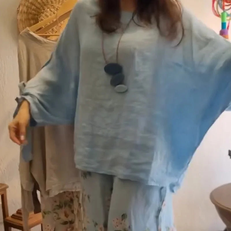 💥Women's Loose Fit Blouse & Floral Printed Wide-Leg Pants Set