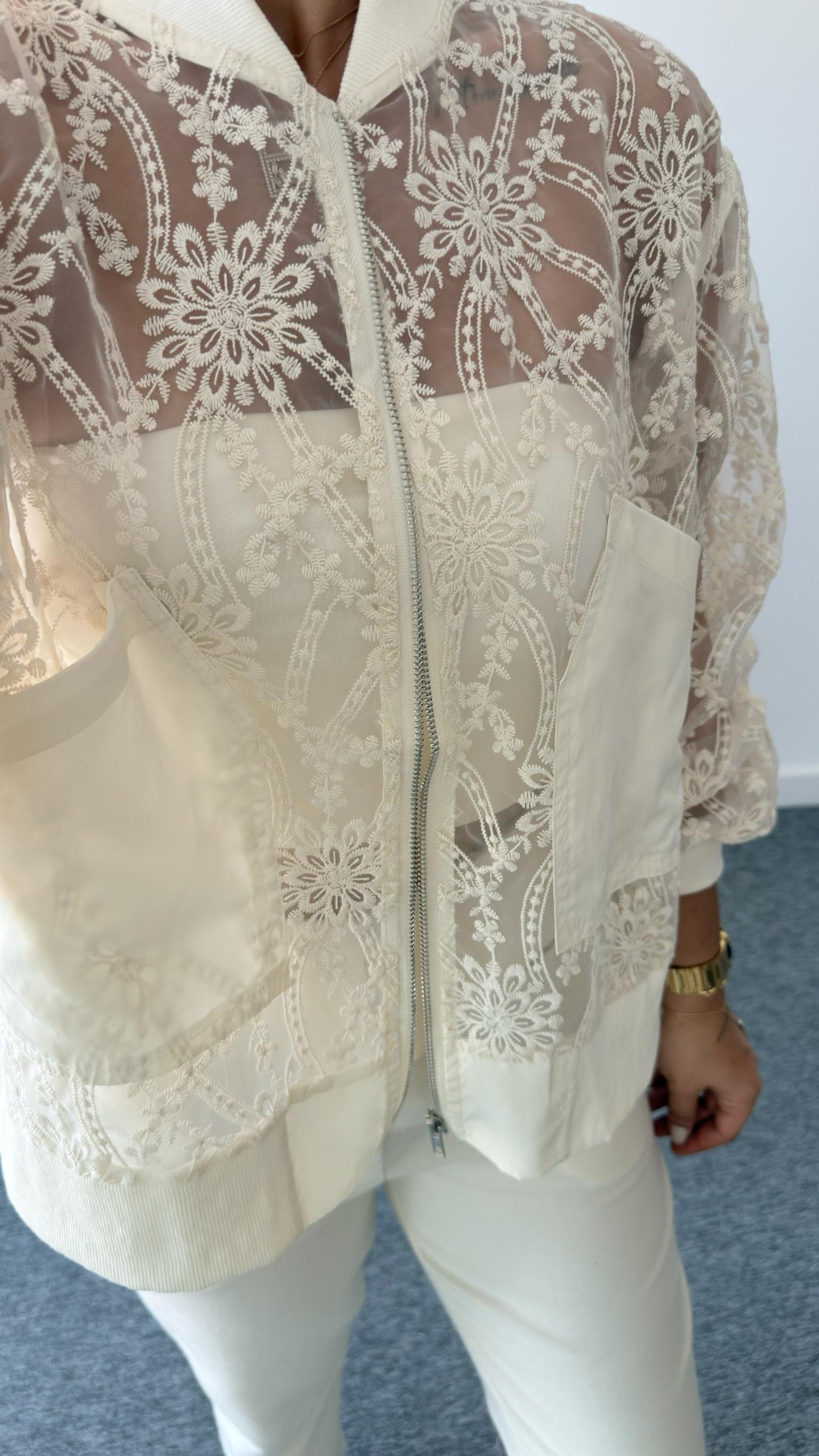 Romantic Sheer Lace Bomber Jacket with Balloon Sleeves