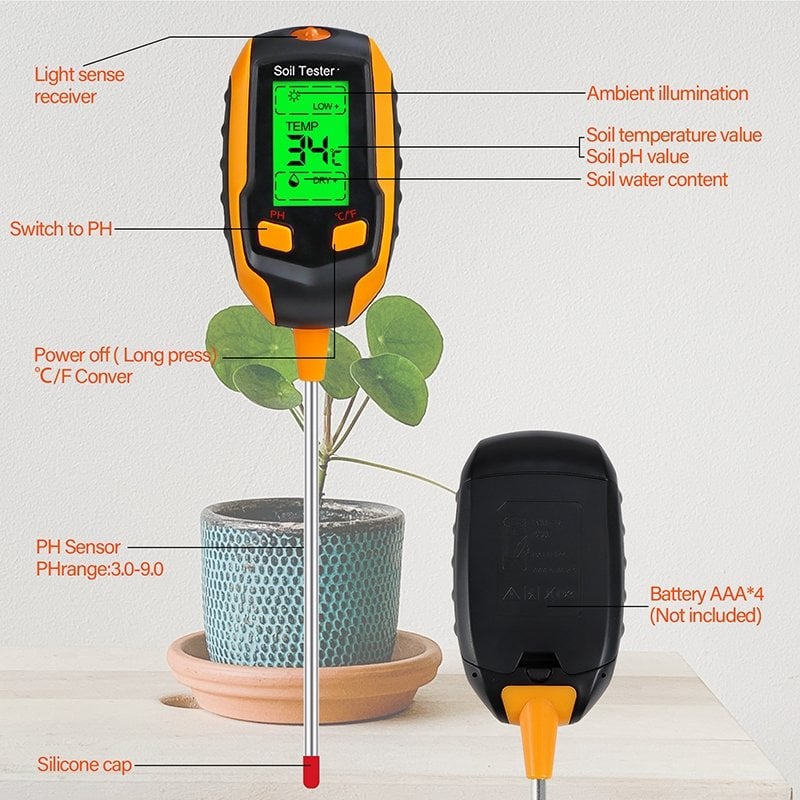 2025 Newly Upgraded Digital 4-in-1 Soil Test Meter, large LCD screen, probe accurately quick measure