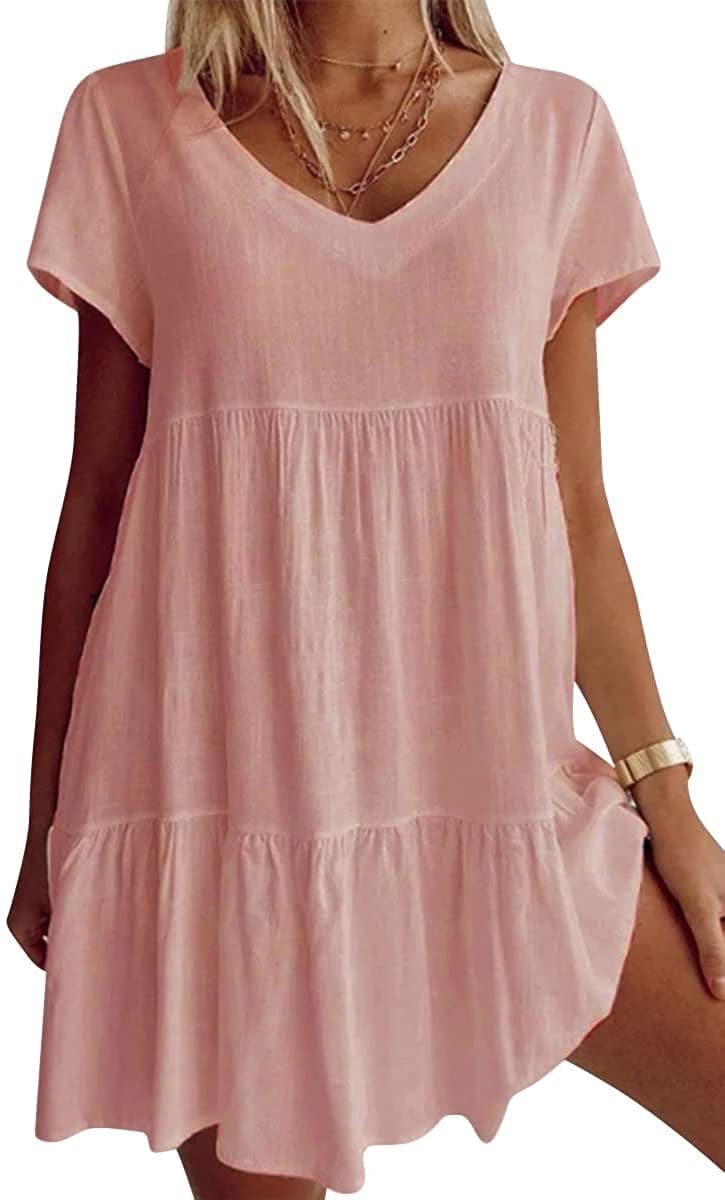 Plus Size Cotton-Blend V Neck Casual Short Sleeve Weaving Dress