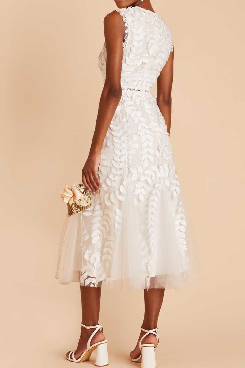 Tulle Midi Dress with High Neck and 3D Lace Leaf Detail