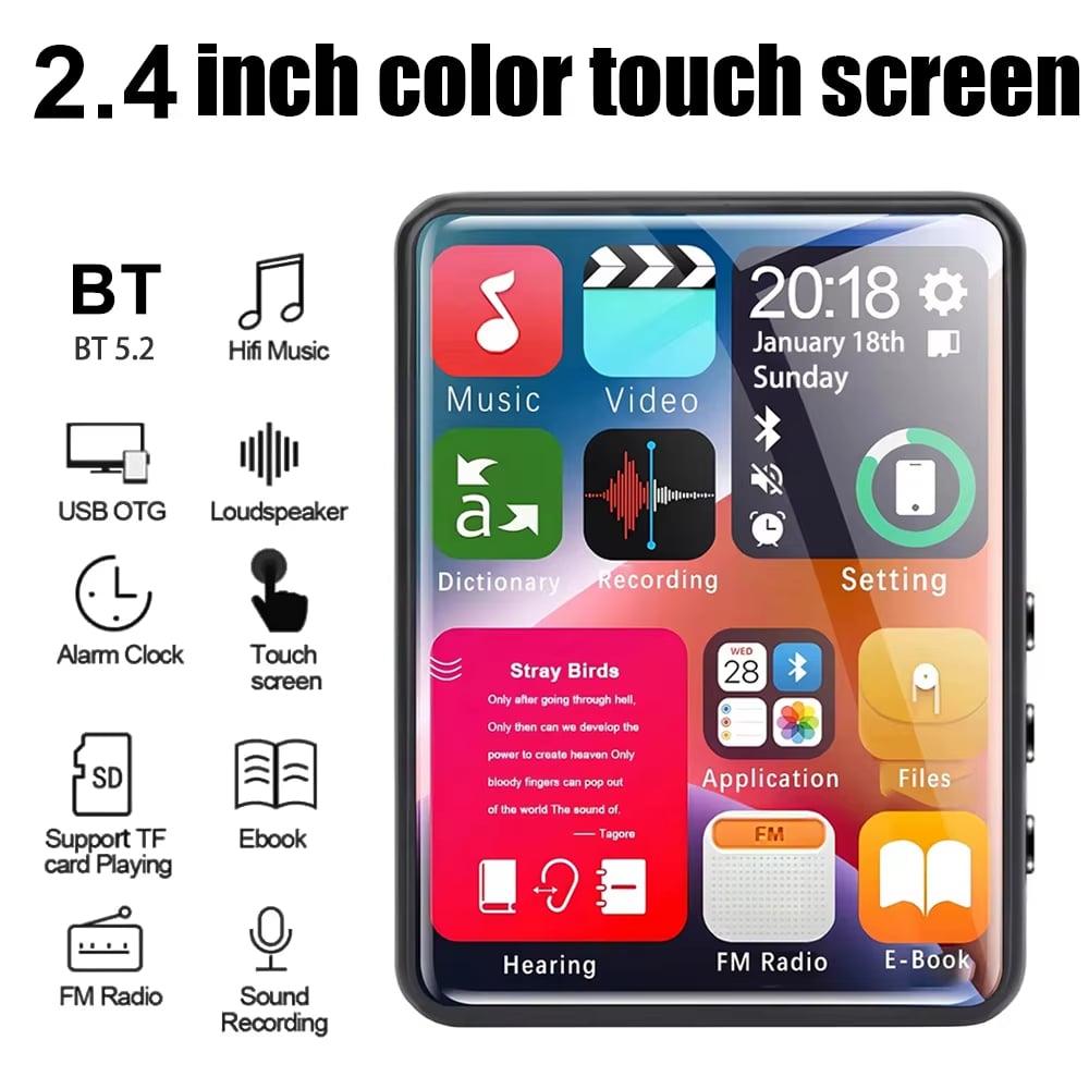 2.4" Touch Screen MP4 MPS Player Bluetooth5.2 Music HIFI FM Radio + 8/32/64GB Card USA Audio Metal (No Subscription)