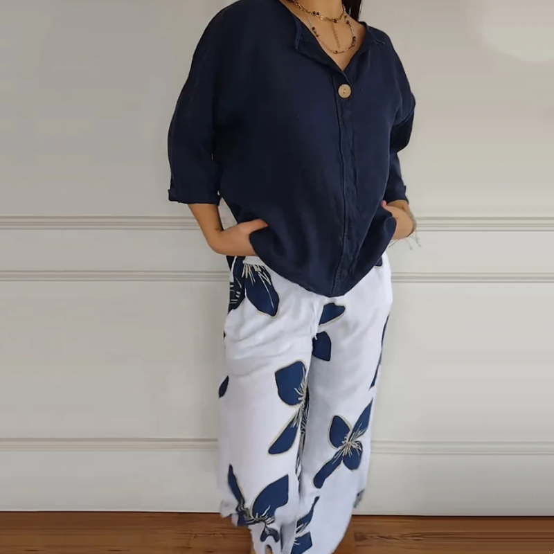 Women's Crew Neck Tops & Printed Trousers Set