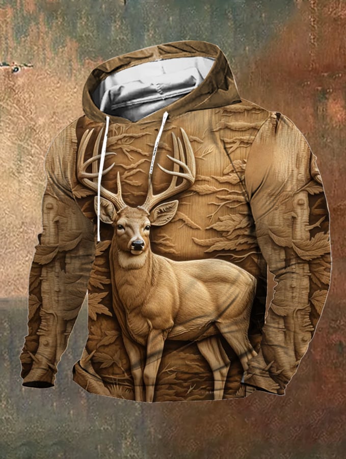 Men's Retro Outdoor 3D Engraved Deer Hunting Print Hooded Sweatshirt