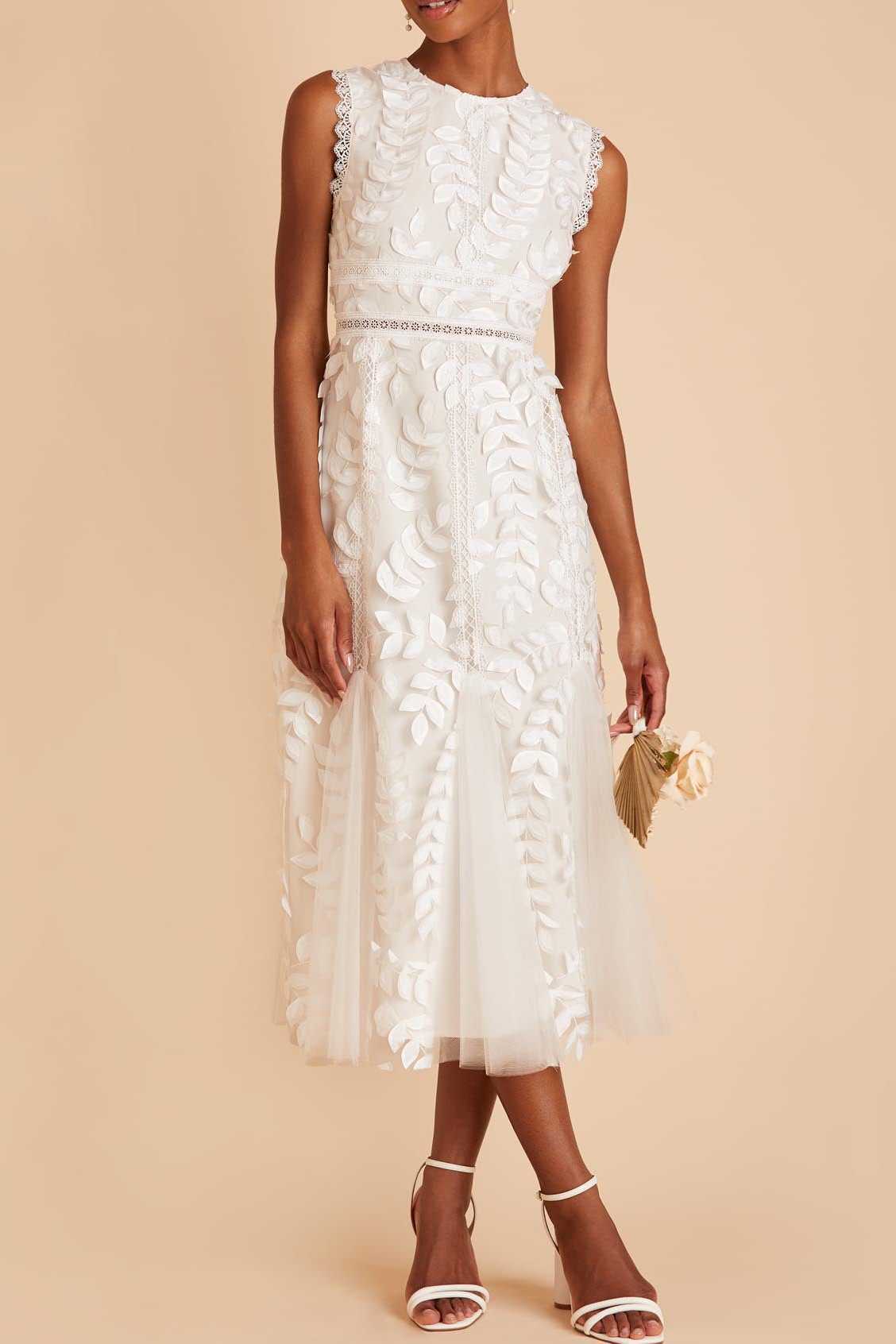 Tulle Midi Dress with High Neck and 3D Lace Leaf Detail