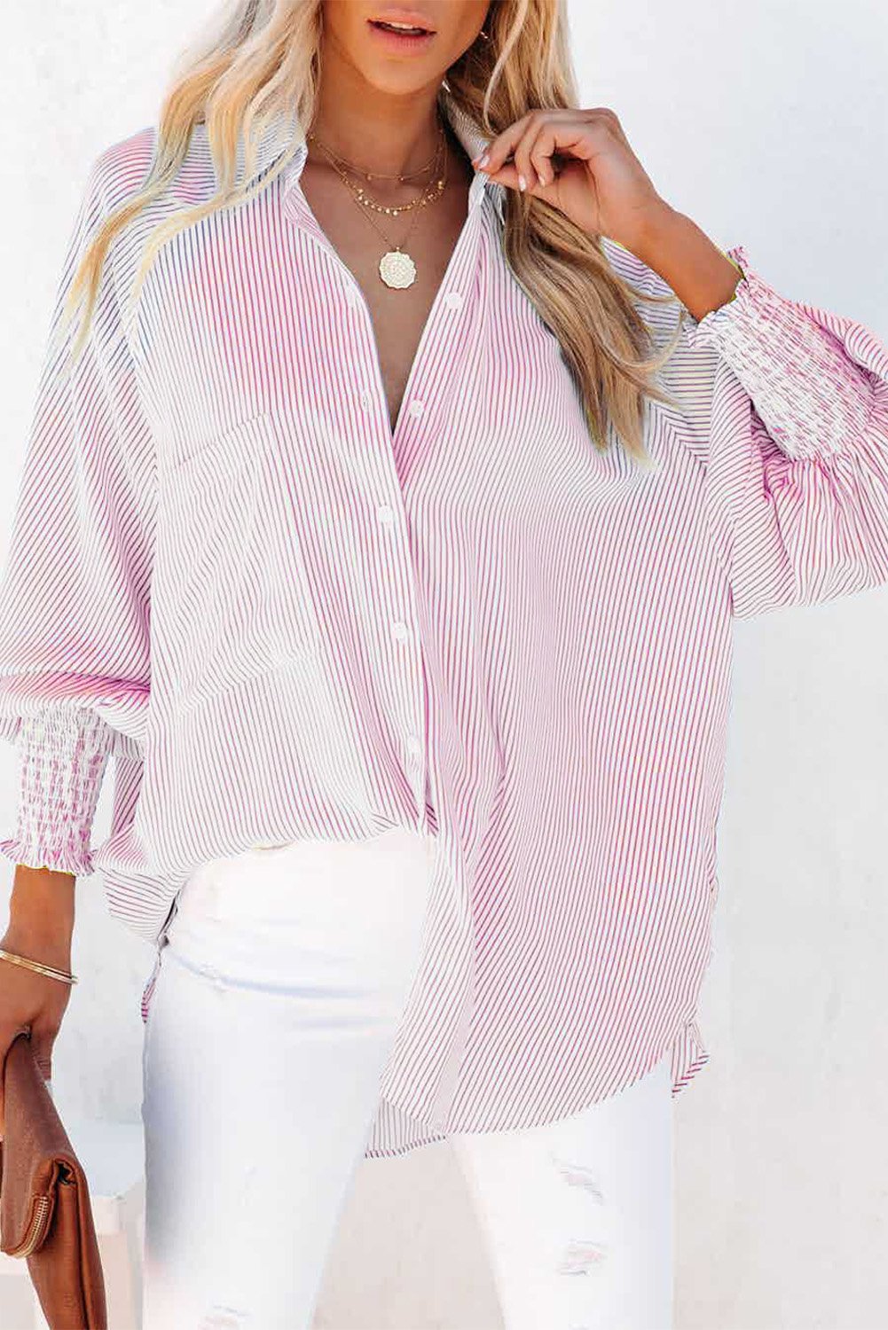 🎁Last Day Sale 50% OFF🏆️Mid-length smocked shirt with striped lapel and oversized drawdown sleeves