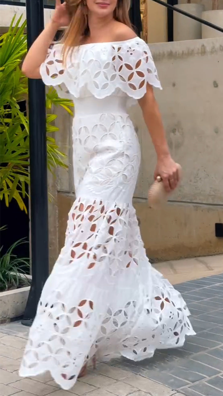 Women's Elegant Eyelet Maxi Dress - Off-the-Shoulder Design, Tiered Skirt, and Intricate Cutout Detailing