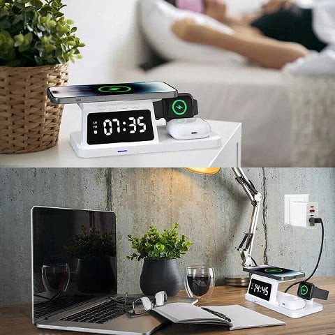 7 in 1 Charging Station with Clock, Wireless Charger with Night Light
