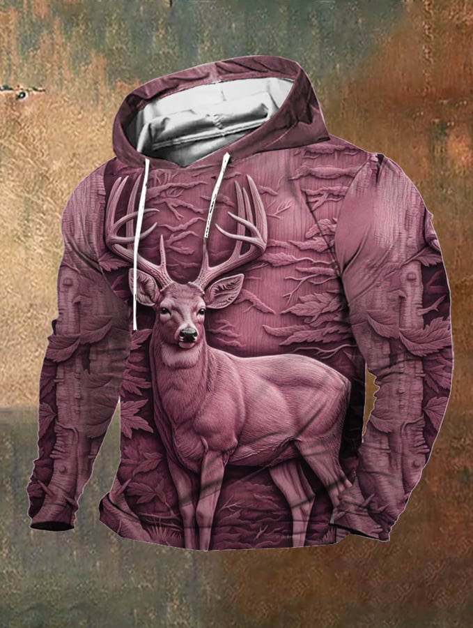 Men's Retro Outdoor 3D Engraved Deer Hunting Print Hooded Sweatshirt