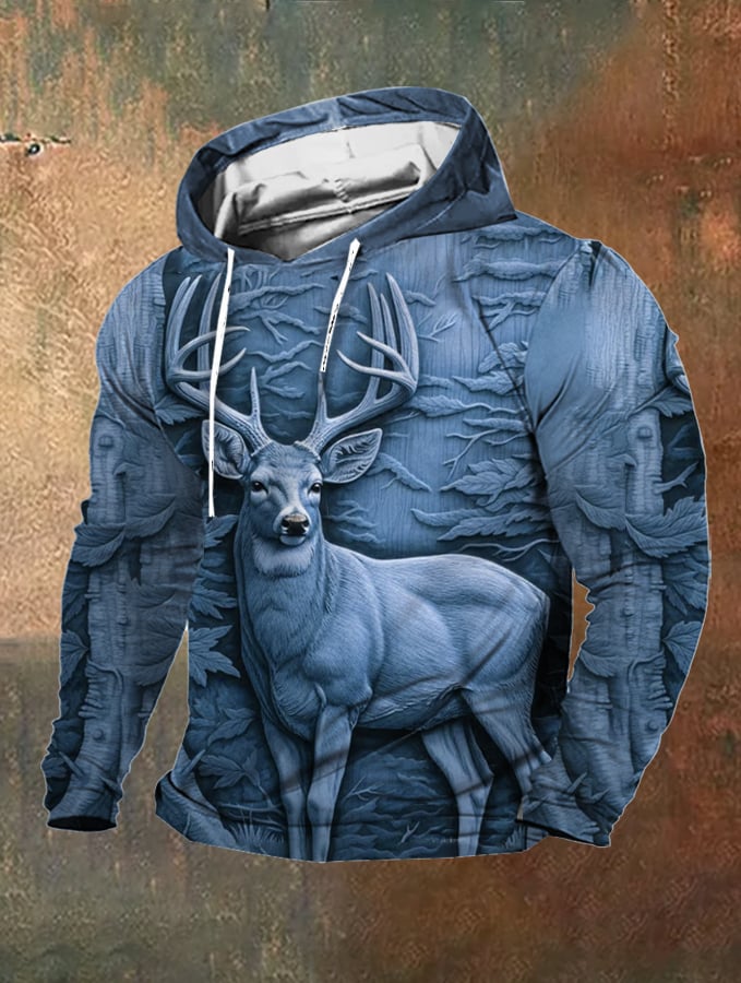 Men's Retro Outdoor 3D Engraved Deer Hunting Print Hooded Sweatshirt