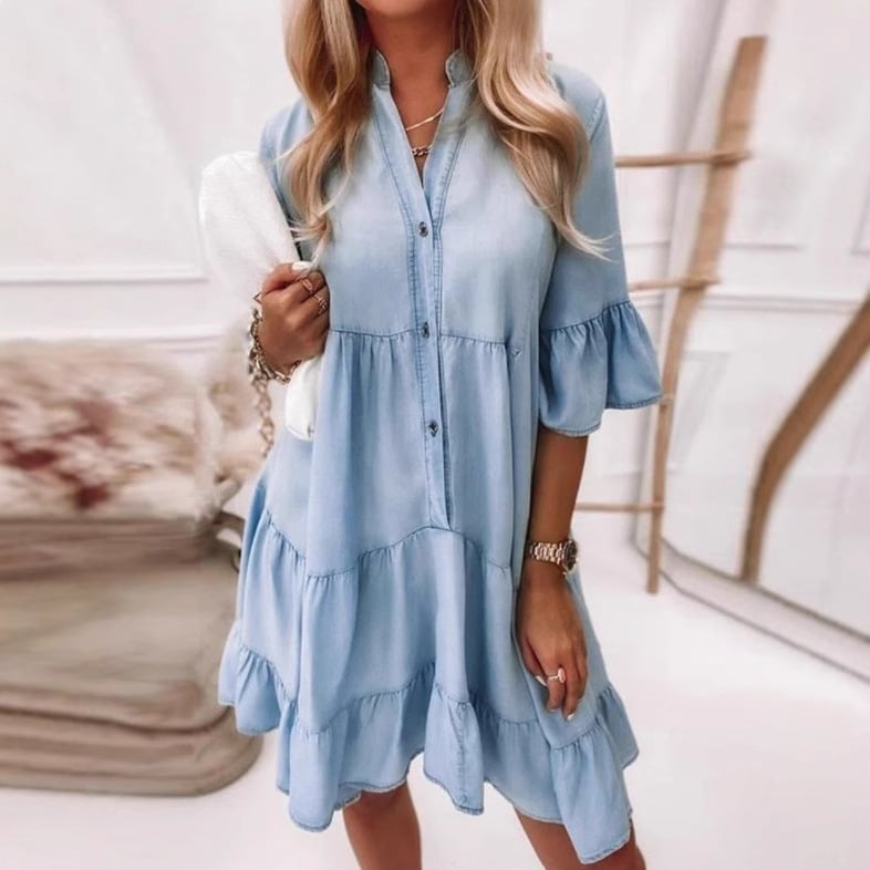 πV-Neck Ruffle Trim Summer Dress β Lightweight Denim Look