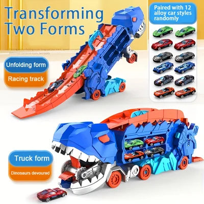 3-in-1 Dinosaur Car Carrier with Racing Track and Die-Cast Cars