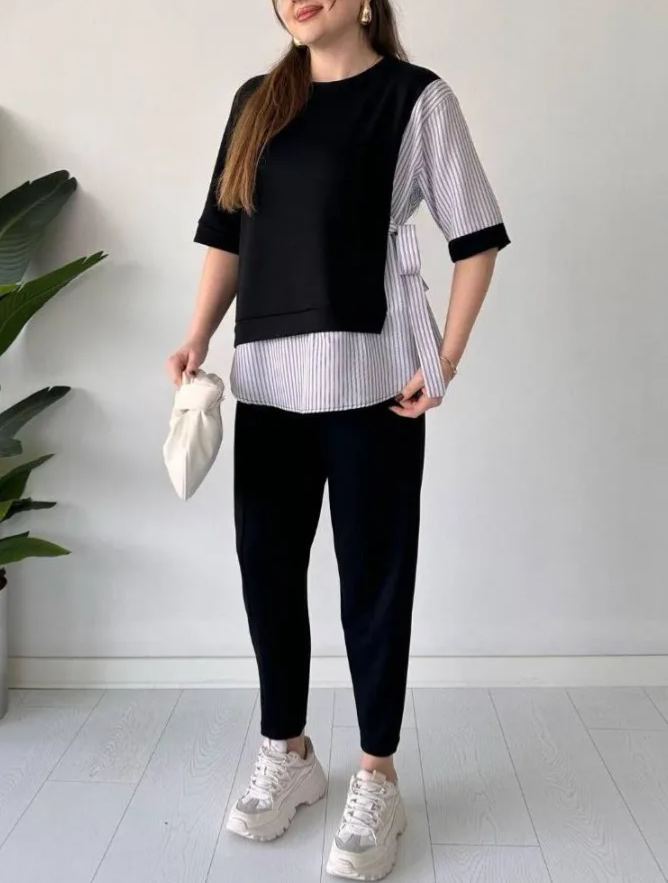 Spliced short-sleeved two-piece suit