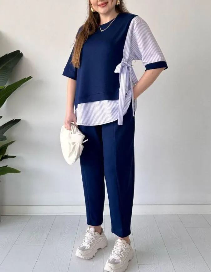 Spliced short-sleeved two-piece suit