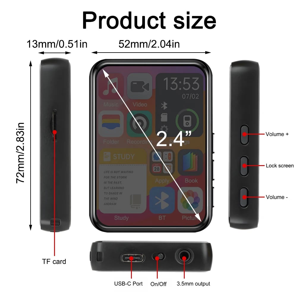 2.4" Touch Screen MP4 MPS Player Bluetooth5.2 Music HIFI FM Radio + 8/32/64GB Card USA Audio Metal (No Subscription)