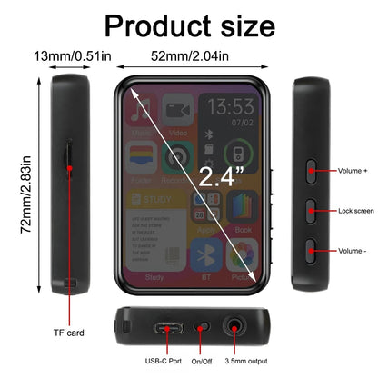 2.4" Touch Screen MP4 MPS Player Bluetooth5.2 Music HIFI FM Radio + 8/32/64GB Card USA Audio Metal (No Subscription)
