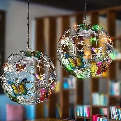 Solar Lighted Hanging Mesh Orb with Colorful Butterflies