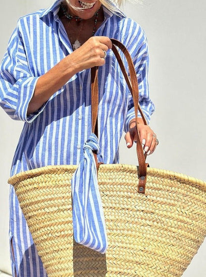 🔥2025 HOT SALE 49% OFF🔥-Classic Striped Lace-Up Shirt Dress