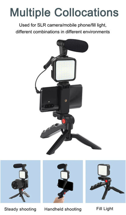 Professional Live Video Mobile Phone Photography Set with Fill Light Microphone Tripod